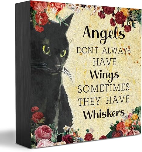 QIONGQI Cartel de madera retro con diseño de gato negro con texto en inglés Angels Don't Always Have Wings Sometimes They Have Whiskers, caja de