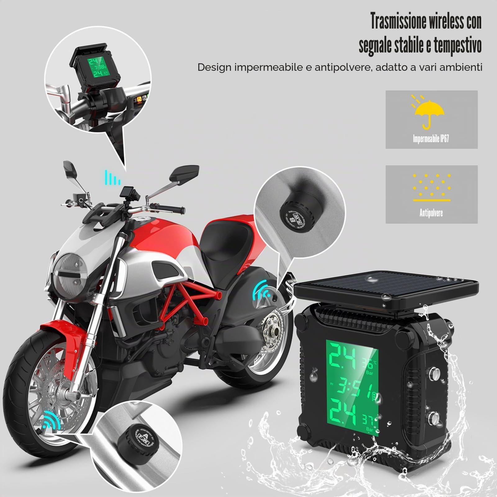 Shkalacar Moto Sistema di Monitoraggio della Pressione dei Pneumatici, Ricarica Solare Allarme Pneumatici Moto Impermeabile con Ampio Schermo LCD 2 sensori Esterni