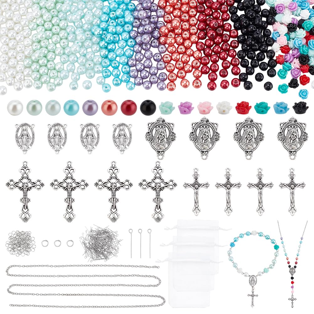 PH PandaHall 847pcs Rosary Jewellery Making Kit Easter Prayer Necklace Supplies 8mm Round Pearl Bead Cross Charm Pendants Flower Rose Bead for Bracelet Necklace Earring Ramadan Jewellery Making