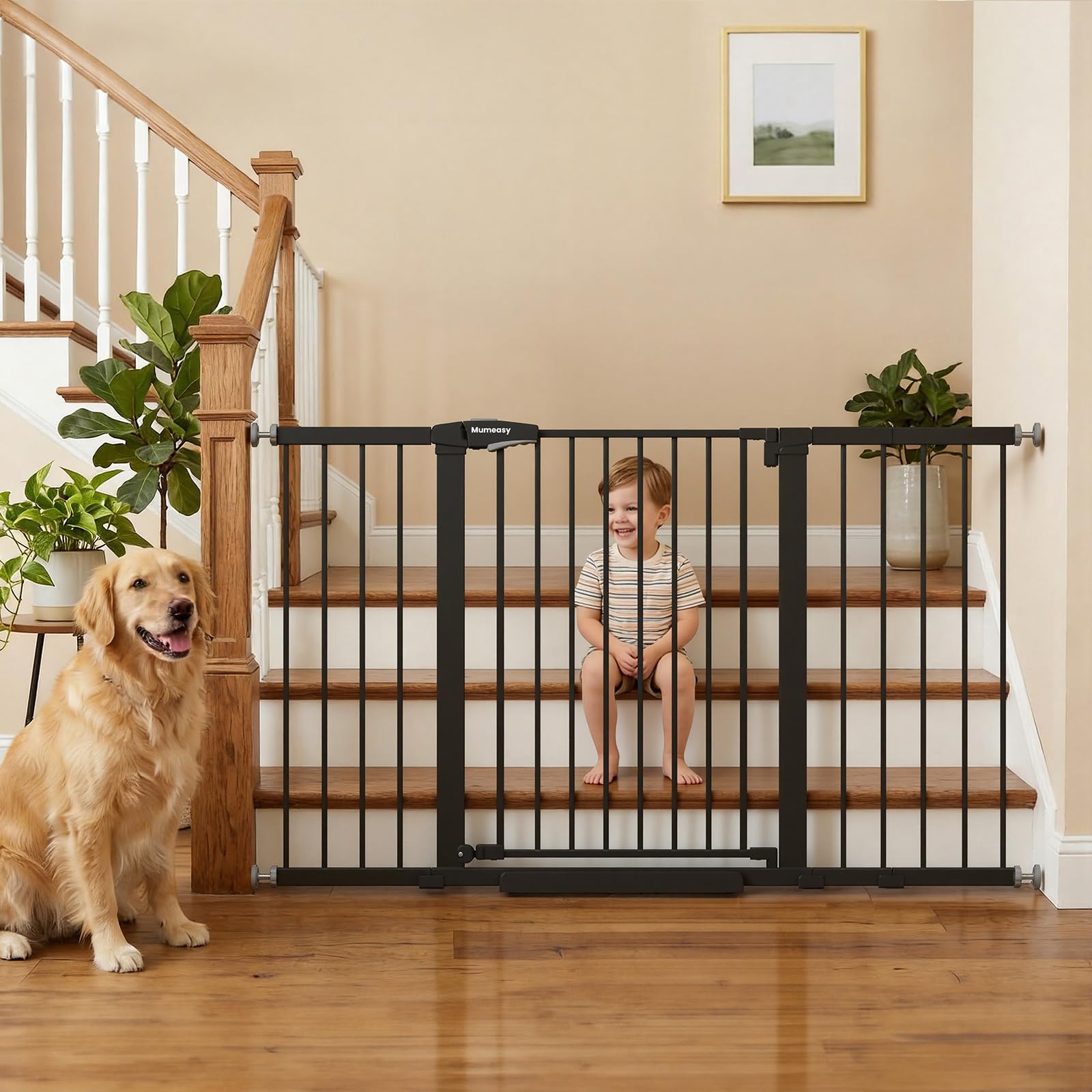 mumeasy 29.7-57" extra wide baby gate, auto close large dog gate for doorways, no drilling pressure mounted pet safety gate for stairs, easy walk through child gate for hallways, house, indoor, black