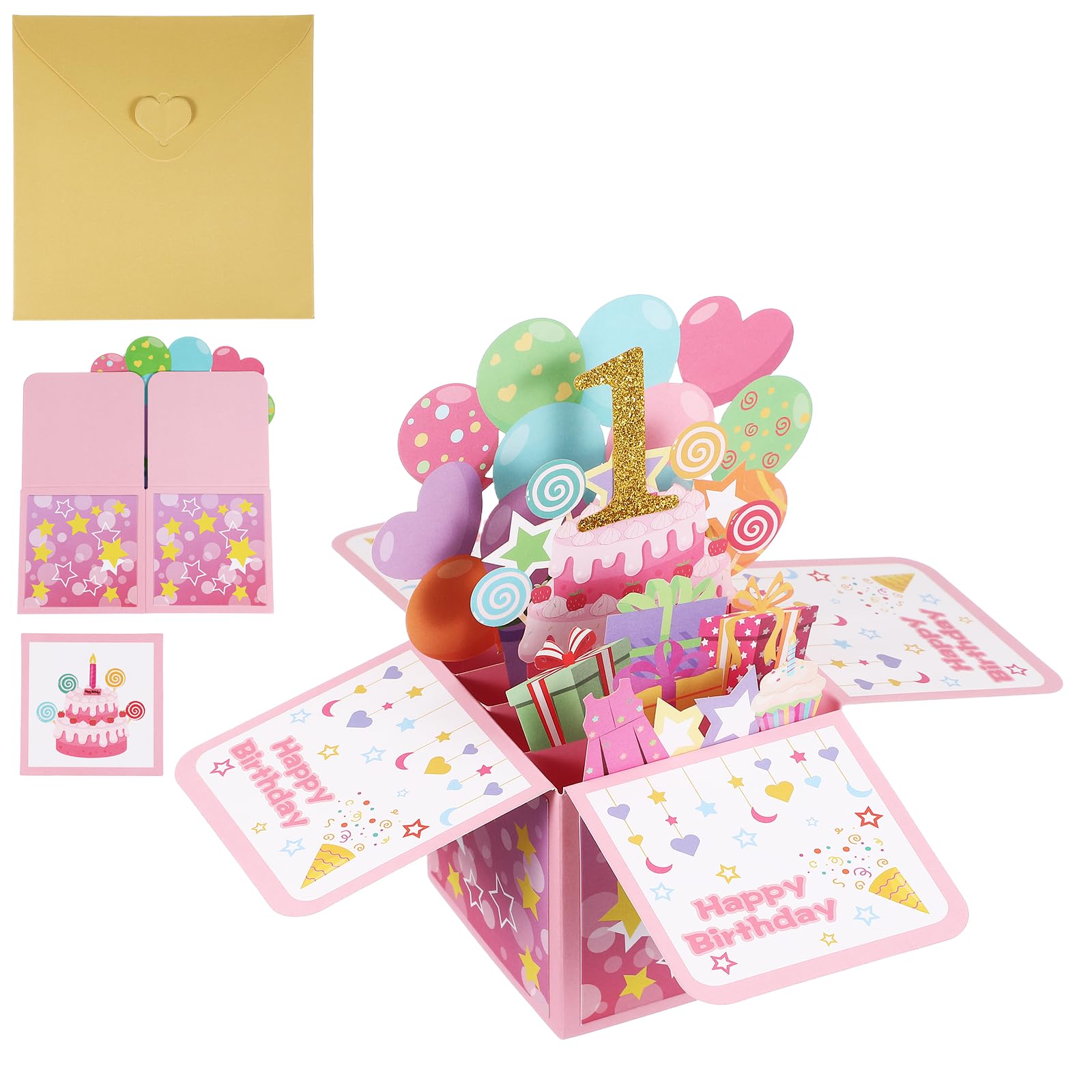 YOKIVE 1th Birthday Card, 1 Years Old Funny Birthday Card Happy Sweet with Greeting Card and Envelope 3D Open for Men Woman Gift Friends Party, Style 1 & Gold Pink