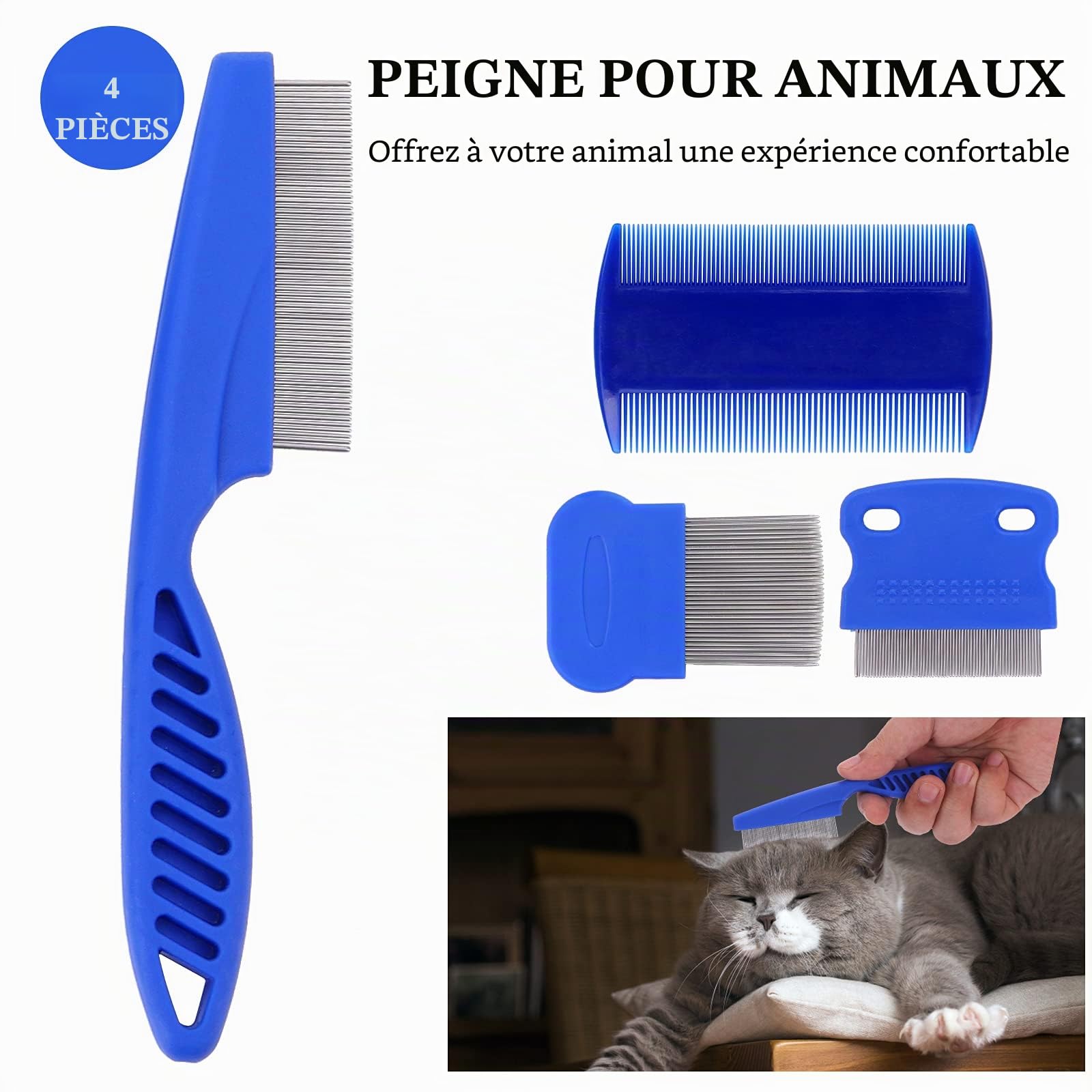 Molain Set de peignes anti puces pour chats et chiens, 4 pièces, peigne de toilettage pour animaux outil d'épilation, peigne, pour chiots et chatons multifonctionnel