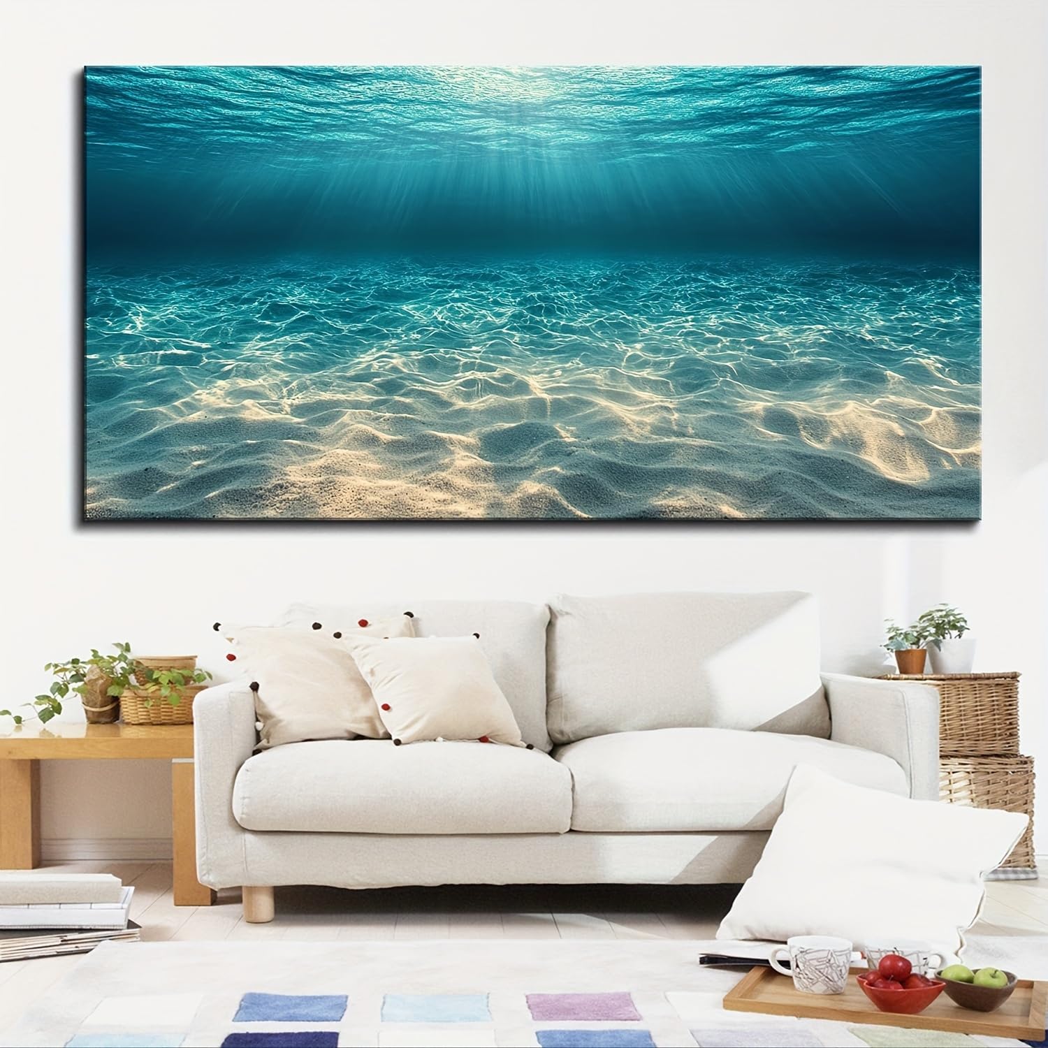 IHHGNB Blue Ocean Underwater Landscape Canvas Mural, Modern Coastal Wall Art for Home Office Decor Canvas Print(60x120cm(24x47in)/No frame)