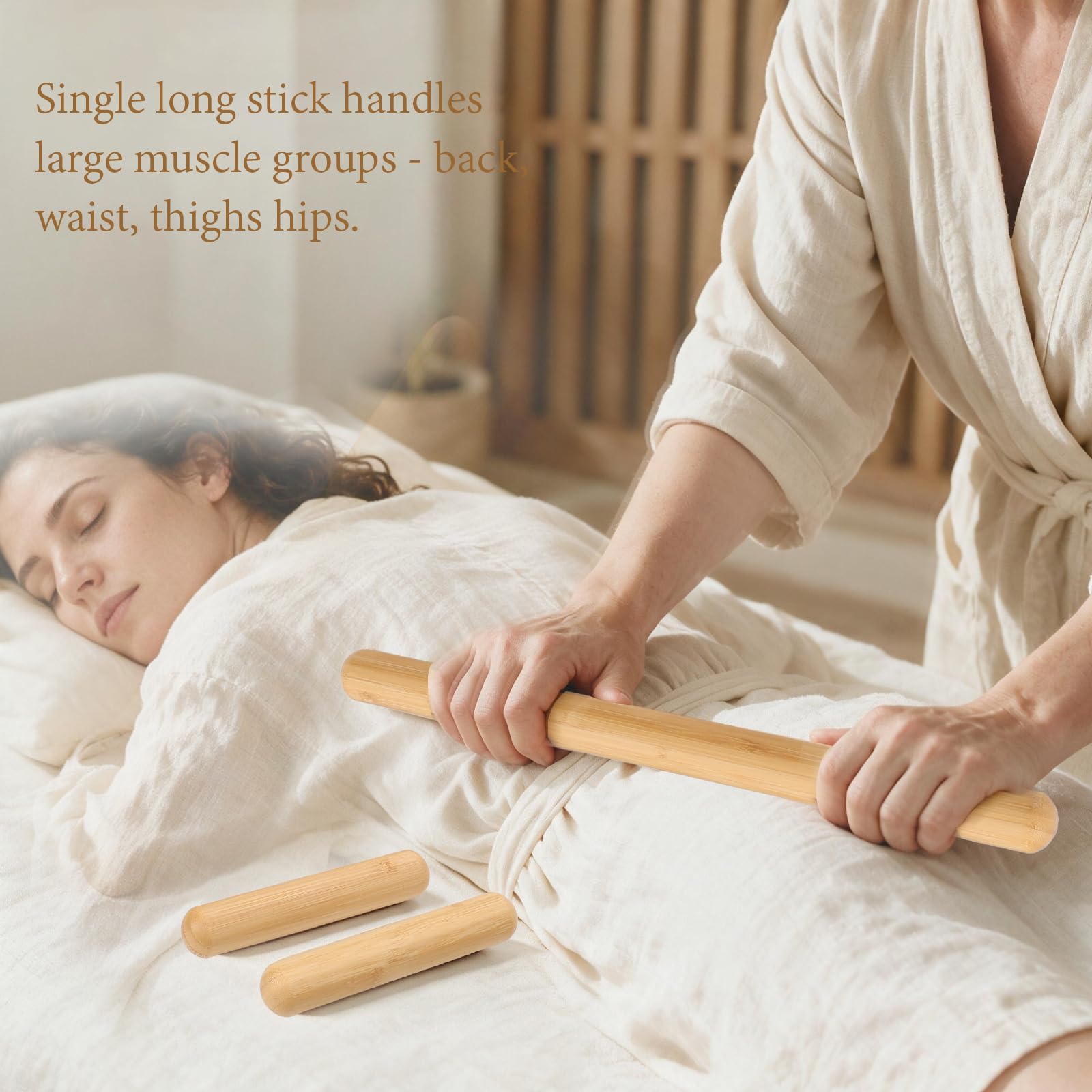 Massive Bambus-Massagestäbchen, 100 % Bambus-Massagewerkzeuge, Bambus-Therapie-Massagerollen-Set für Guasha, Entspannung, Körperformung, 3 Stück