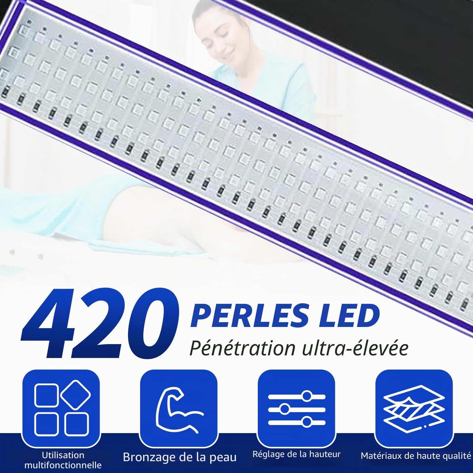 Solarium pour la maison, 460 NM & 490 NM, lampe de bronzage avec lunettes de soleil, lumière bleue, 60 W, double support, pour le bronzage du visage avec 432 LED pour le corps et le visage
