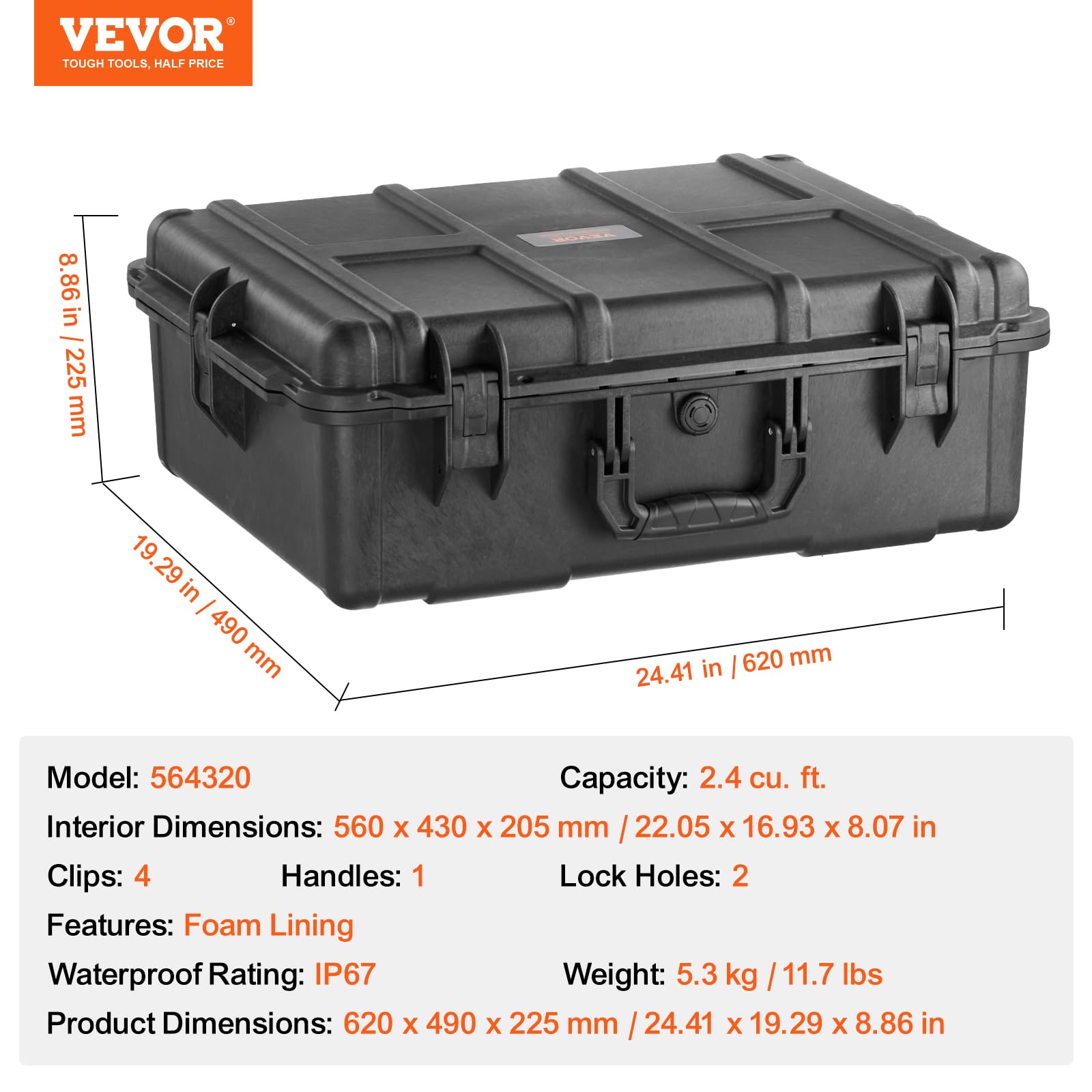 VEVOR Estuche Rígido Resistente a la Intemperie de 620 x 490 x 225 mm, Estuche Protector Resistente con Espuma Precortada, Asas Retráctiles para Viajes, Caza, Uso Militar, Táctico, Impermeable IP67