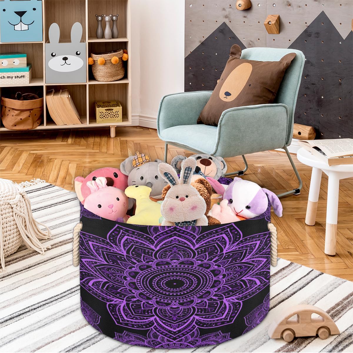 Large Storage Baskets - Purple Mandala Nursery Round Collapsible Organizer Bin Box, Laundry Hamper for Kids Toys, Blanket, Bedroom Living Room Home Decor, Gift Basket, 19.4"x13.3"