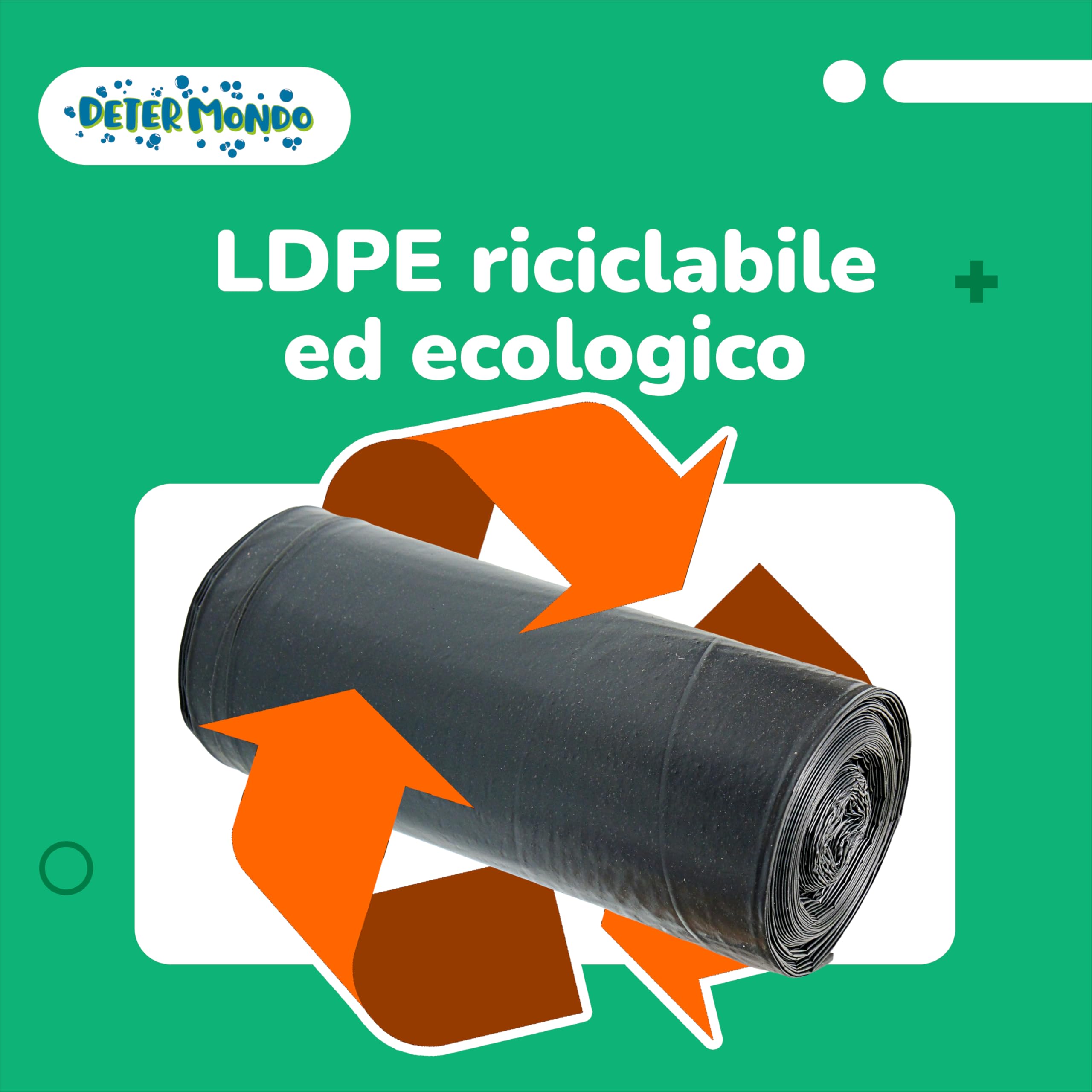 DETERMONDO 160 Sacchi Spazzatura Grandi 90x120 cm, Sacchi Neri per Rifiuti, Capacità di 120L, Resistenti, Riciclabili, Antistrappo e Antigoccia, Ecosostenibili, Made in Italy, 4 Rotoli da 10 pezzi