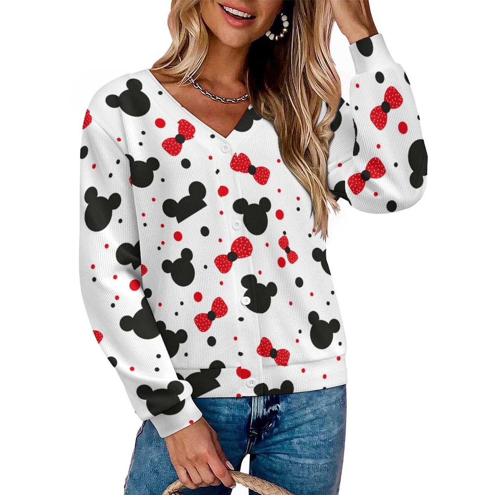 Womens Knit Button Up Cardigan Mouse Bowknot Fashion Slouchy Long Sleeve V-Neck Open Front Outerwear