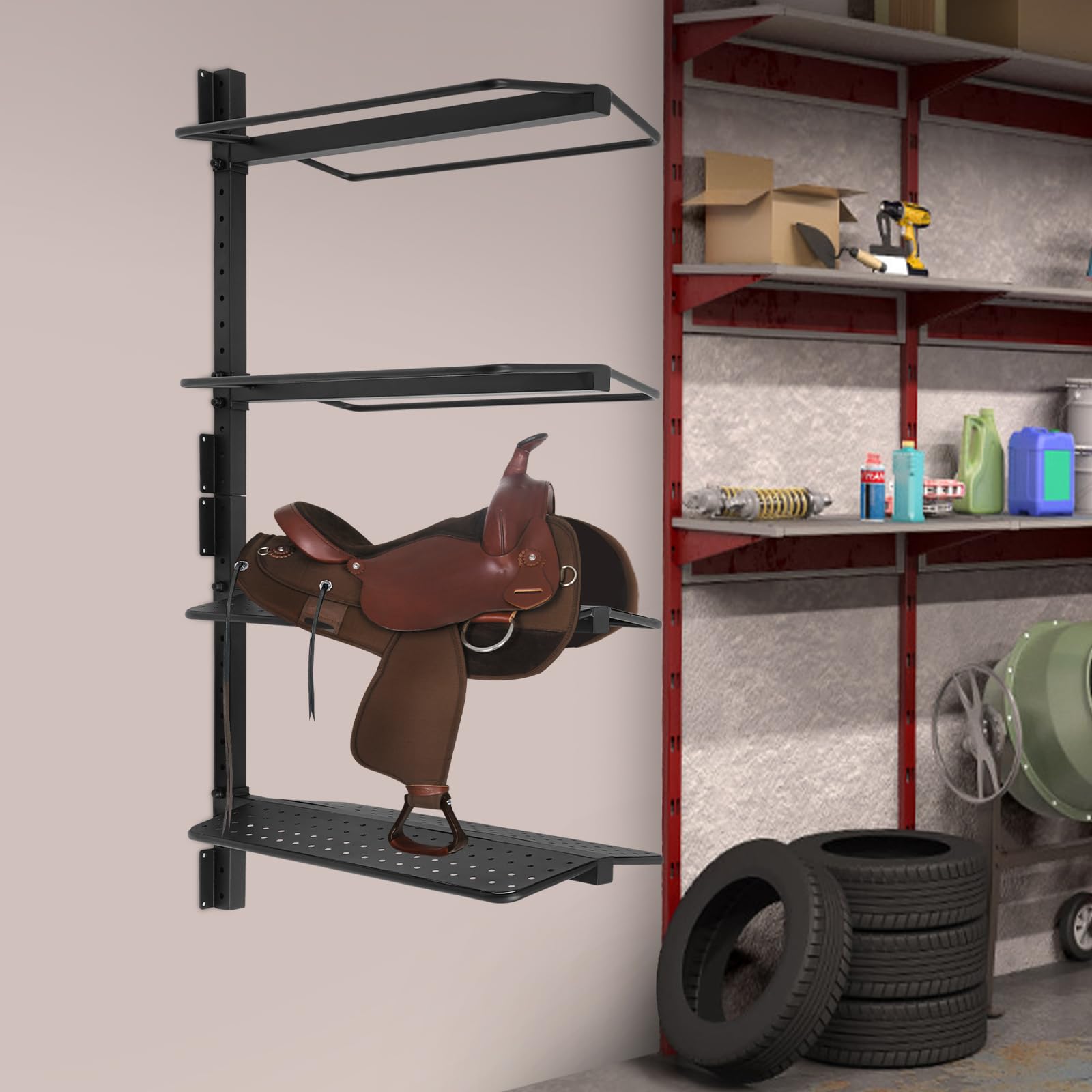 HOLMZCED Adjustable Wall Saddle Rack, 4 Tiers Saddle Storage Rack Detachable Wall Mounted Horse Tack Storage Organizer Horse Saddle Stand Black for Saddle Pads Horse Blankets