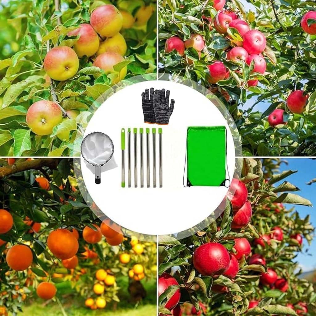 420cm Ramasse Fruit INOX, Cueille Fruit Con Perche, Cueilleur Fruits Amovible, Cueille Cerise, Cueille Pomme, Cueille Fruit, Outil Cueillette Jardin， Cueille-Fruits avec Sac, Ramasse Pomme