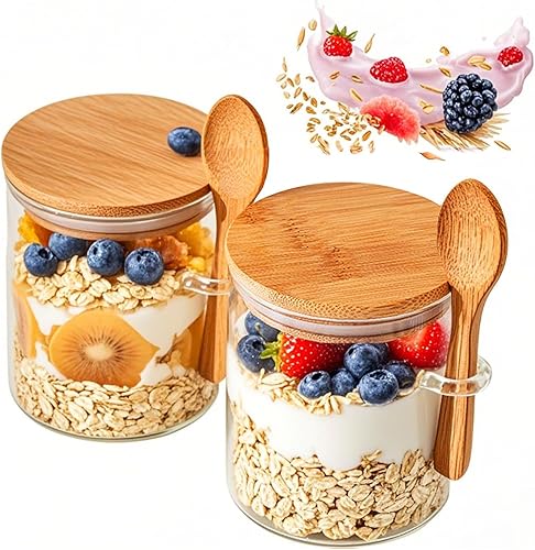 Miniatura 7 de Paquete de 4 tarros de vidrio con tapas de bambú, recipientes de vidrio de 18.5 onzas con tapa hermética de bambú 100% sellados, tarros de avena