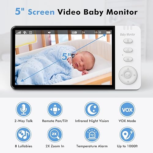 Miniatura 2 de VAVSEA Monitor de bebé con cámara y audio, pantalla LCD de 5 pulgadas, monitor de bebé de video HD 720P, alcance de 1000 pies, VOX, visión nocturna,