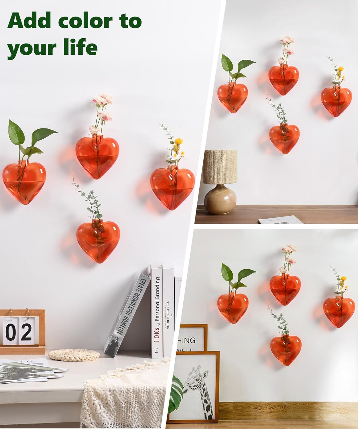 Nacome Wall Hanging Propagation Station: 4 PCS Heart Shaped Glass Plant Terrarium Vases for Home Office Decor - Unique Gifts for Plant Lovers Women Mom (Orange)