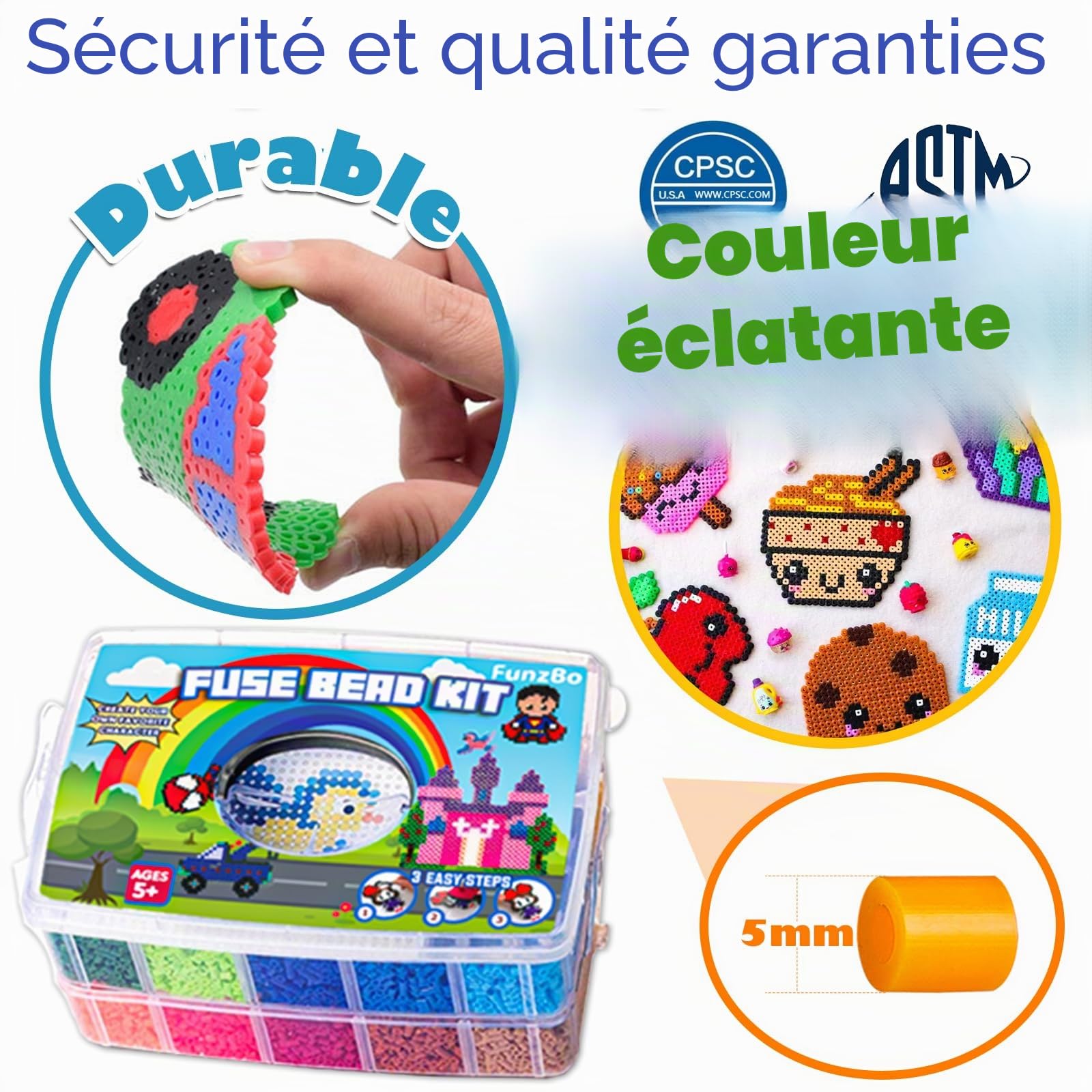 FUNZBO Kit de 23 000 perles fusibles 5 mm – 22 couleurs, 106 motifs, fournitures d'artisanat pour enfants