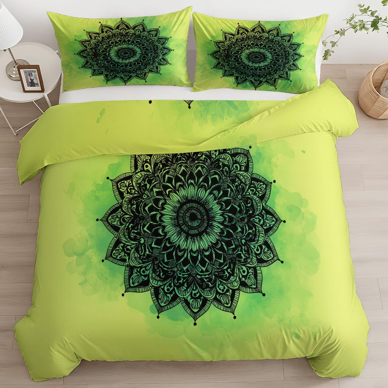 Zestaw pościeli dla dorosłych 200 x 200 cm poszewka na kołdrę z nadrukiem nowoczesna mandala kwiat, zielona oddychająca poszwa na kołdrę - lekka i cienka poszewka na kołdrę z nadrukiem zestaw pościeli
