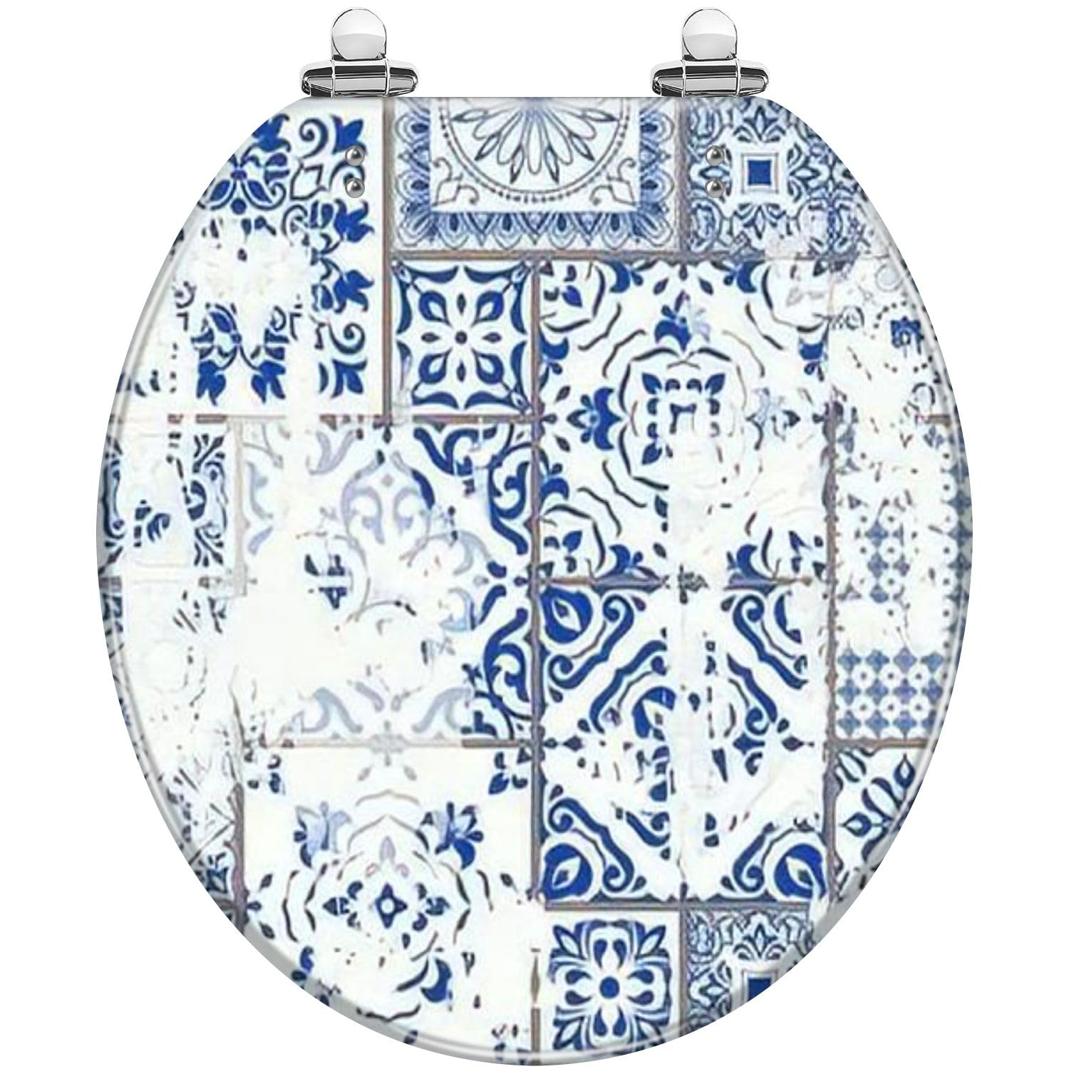 Round Toilet Seat Seamless vintage patchwork an effect attrition Azulejo tile Vintage Resin Toilet Seat Quietly Slow Close with Quick-Release Hinges Toilet Seat with Cover Easy to Clean Install