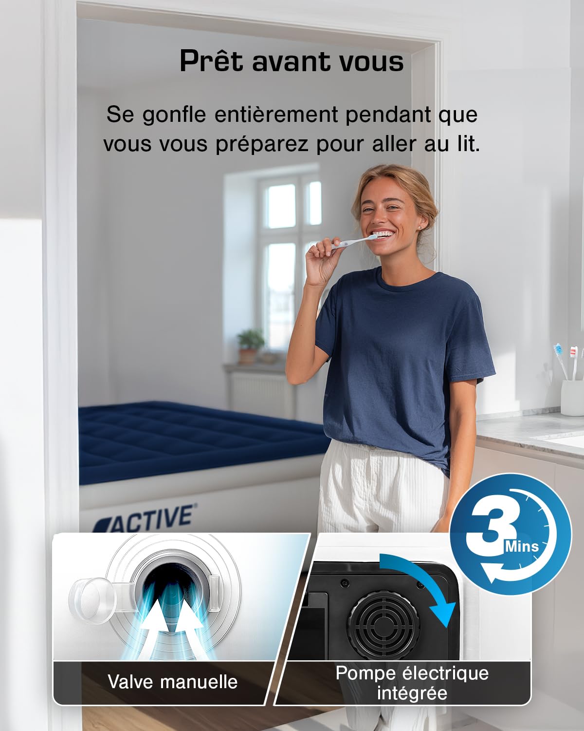 Active Era Matelas Gonflable 2 Personnes – Confort Ultra Doux, Finition Luxe, Lit Gonflable avec Pompe Électrique, Support Stable & Surface Floquée Haut de Gamme – 150×200×36.5 cm