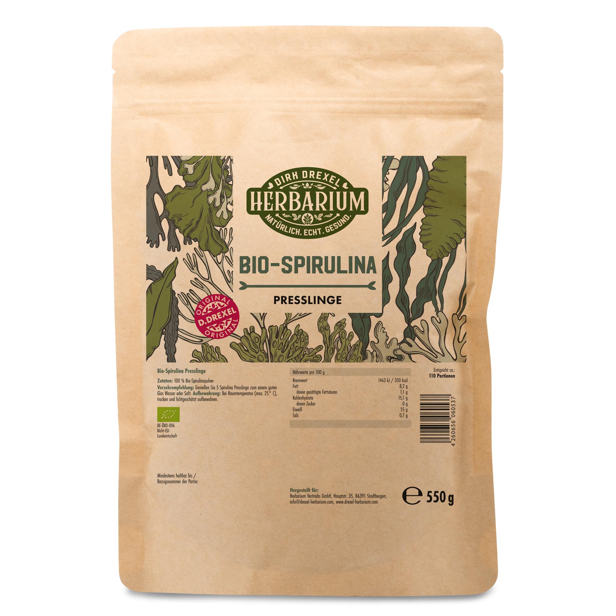 Herbarium Bio Spirulina Presslinge 3 Monats Vorrat | vegane Bio-Algen aus kontrolliert biologischem Anbau | ohne Zusatzstoffe in Deutschland produziertes Nahrungsergängzungsmittel | 550g