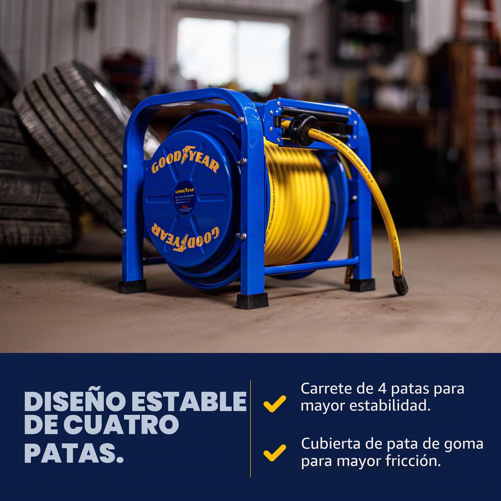 Goodyear elite heavy duty pro accionado por resorte de acero retráctil carrete de manguera (3/8 pulg. x 100 pies.), con 2 años de garantía