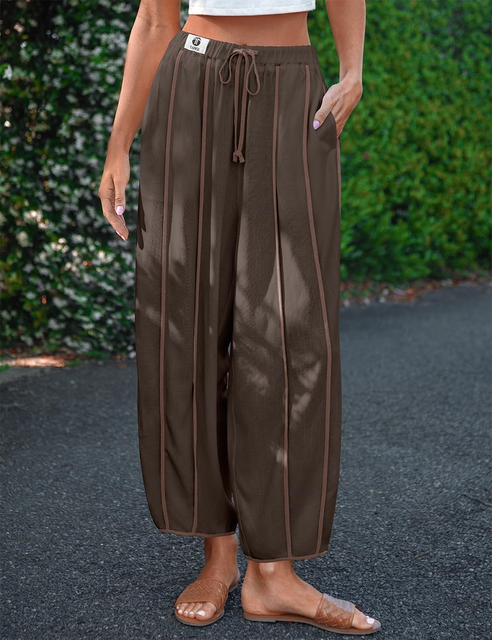 TARSE Womens Linen Harem Pants Loose Casual Wide Leg Summer Boho Beach Travel Vacation Palazzo Pants with Pockets - Image 3