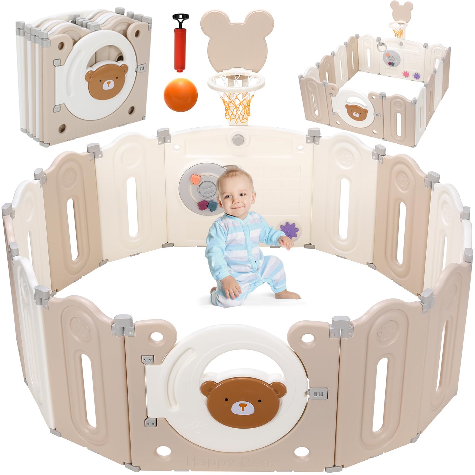 Box Bambini Pieghevole, Recinto per Bambini 143x143x64 cm, Box Neonato Forma Regolabile, con Canestro da Basket, Pallacanestro e Tavola per Giocattoli, Forte Ventosa sul Fondo, Materiale HDPE Atossico