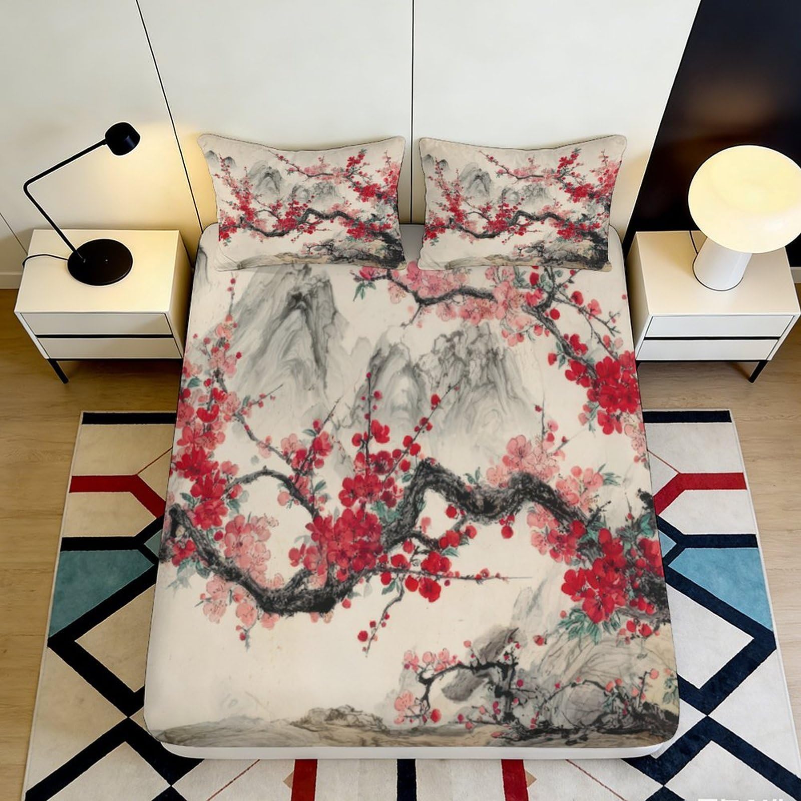 Pnayamiorkfel Style-10 3D Printed Chinese Plum Blossom Fitted Sheet Microfiber Mountain Landscape Mattress Cover For Bedroom Decor Dorm Room Mattress Protection 90X200x25cm