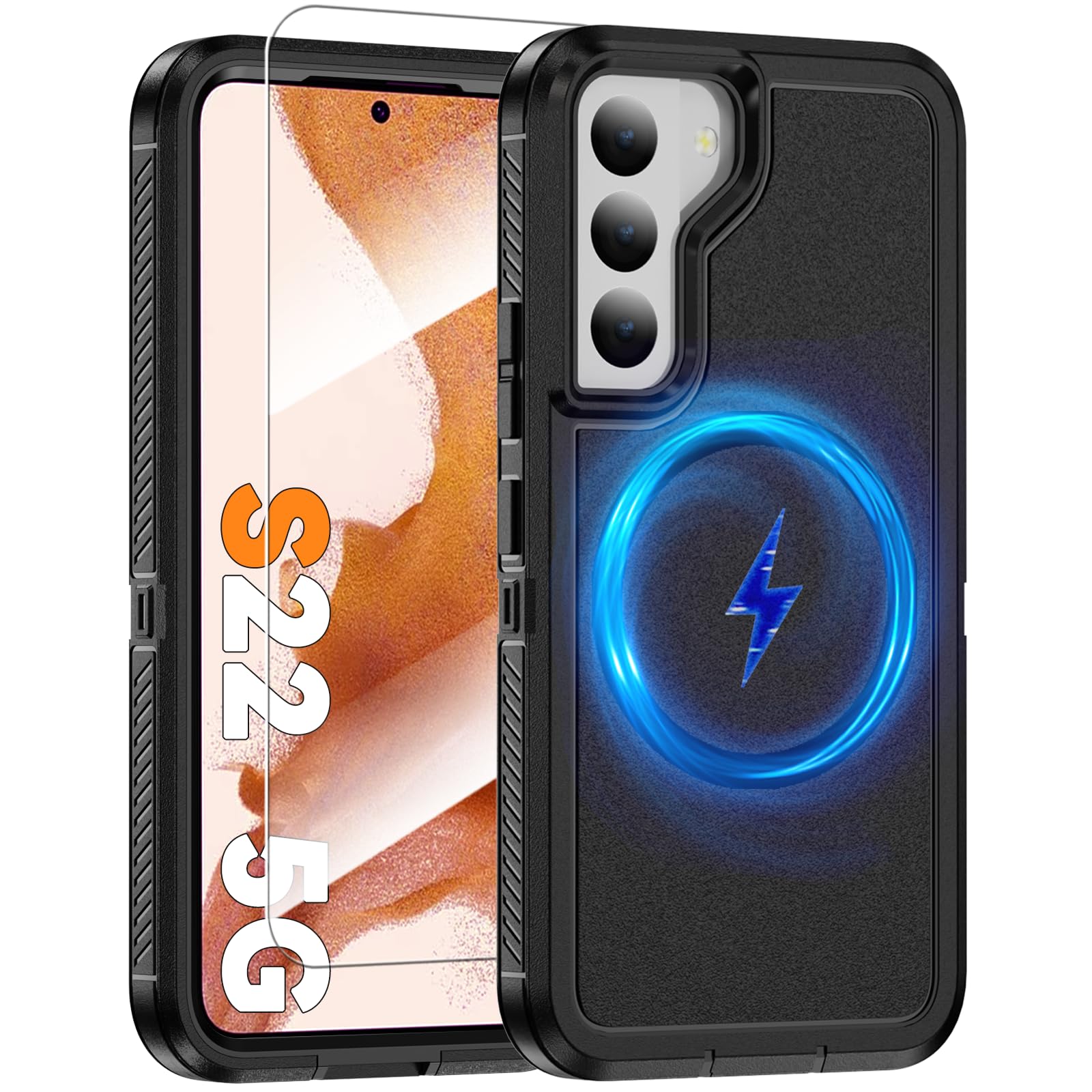 KTUOHU Magnetic Case for Samsung Galaxy S22, [Compatible with Magsafe] [Glass Screen Protector] [Dual Layer Military-Grade Protection] Heavy Duty