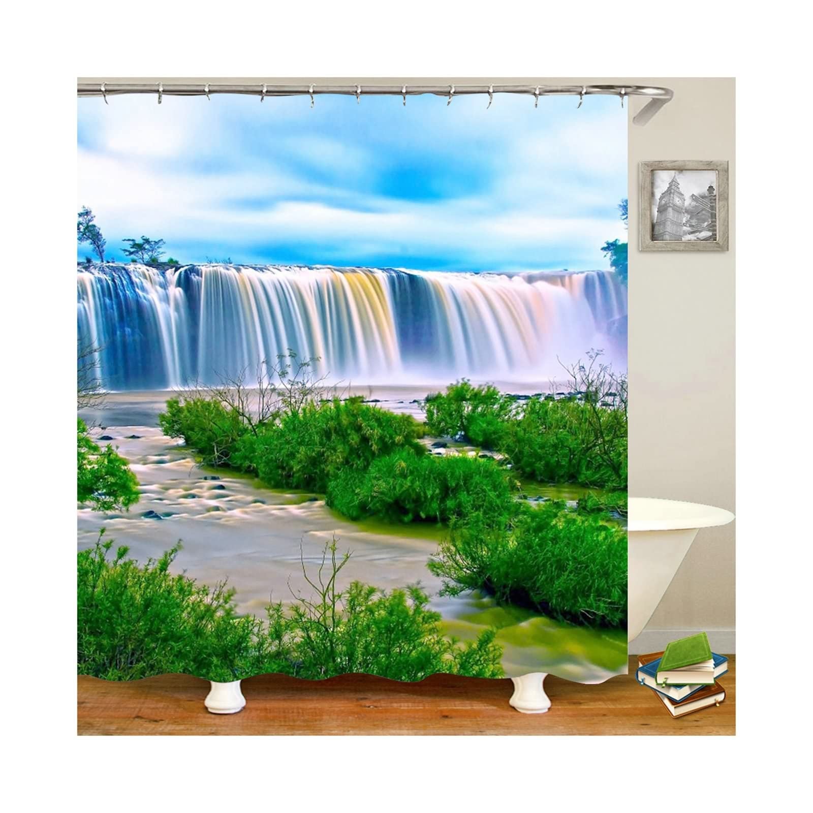 Tenda Doccia 180x200 Tessuto, Poliestere Multicolore Cascata e piante Tenda vasca da bagno, lavabile, asciugatrice rapida
