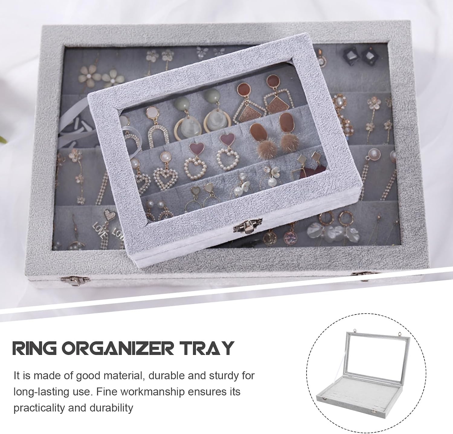 Alipis Ring Display Organizer Tray with 100 Slots, Gray Velvet Jewelry Storage Box with Glass Lid, Ring and Earring Holder for Home and Boutique Showcase
