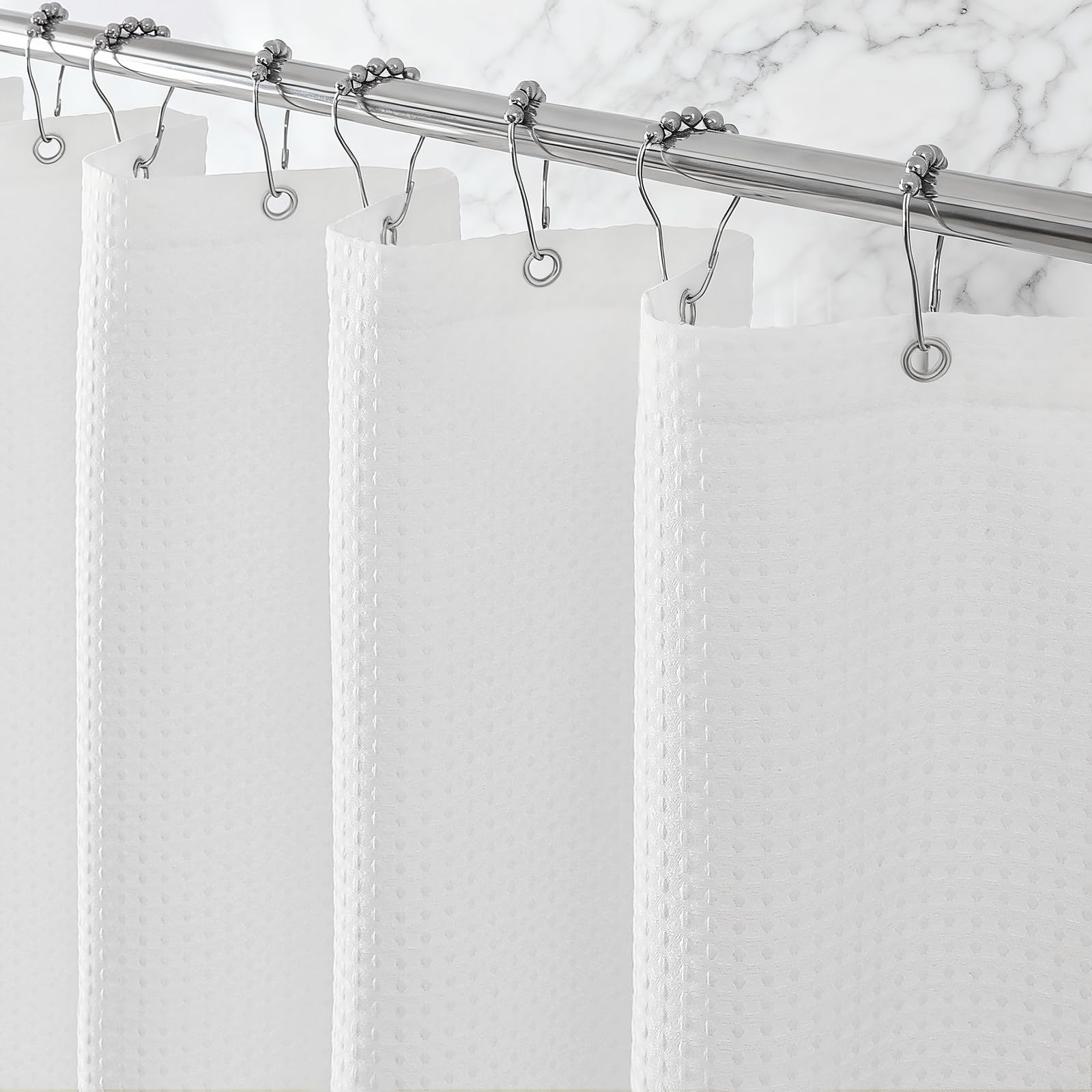 Zemyovia White Waterproof Waffle Shower Curtain, 260GSM Heavy Duty Fabric with 12 Stainless Steel Hooks, 180 x 180 cm, Luxury Hotel Spa Style for Bathroom, Machine Washable