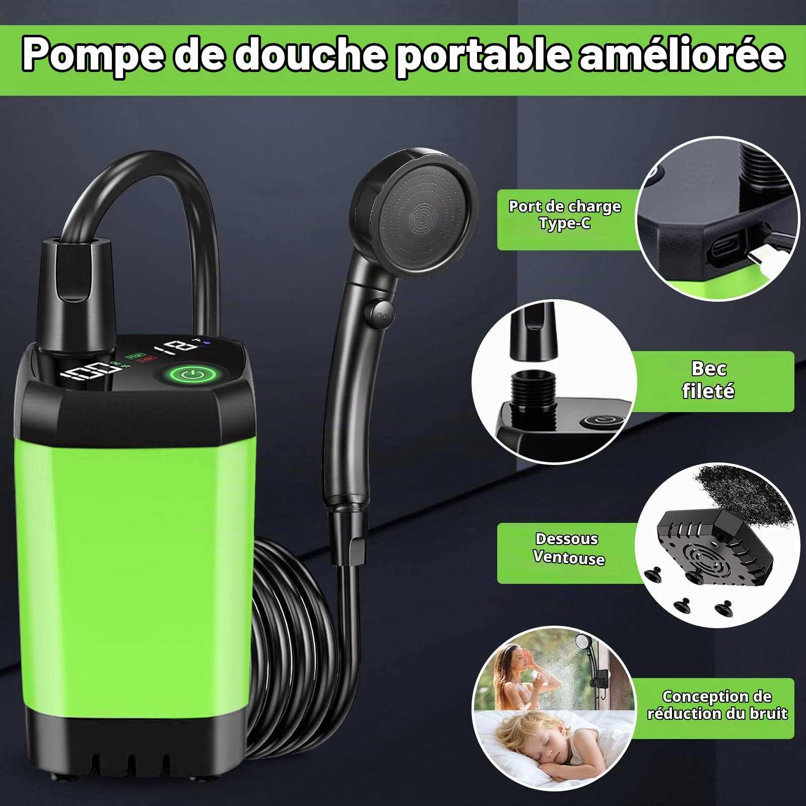 Douche Camping Portable,Douche de Camping avec Batterie Rechargeable6000mAh Pompe,Douche Extérieure avec Affichage numérique Intelligent de la température,Douche Portable pour Plage,Randonnée