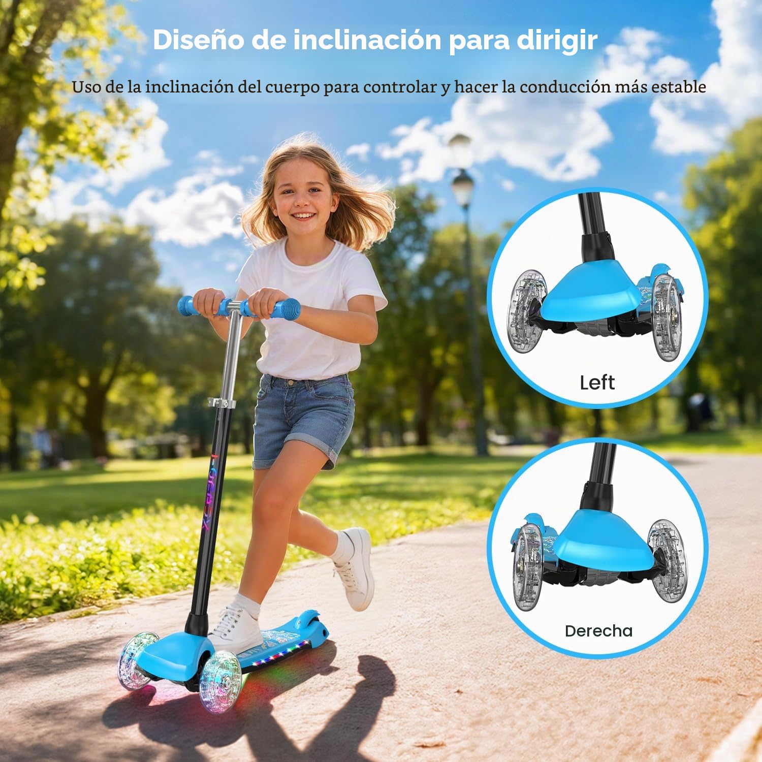 TONBUX Patinete Niño de 3 a 8 años, Patinete Niño con Columna, Ruedas y Bandeja Luminosa, Bandeja Metálica Reforzada, Altura Ajustable 65 – 80 cm, Freno Trasero Sensible, Lean to Steer Design