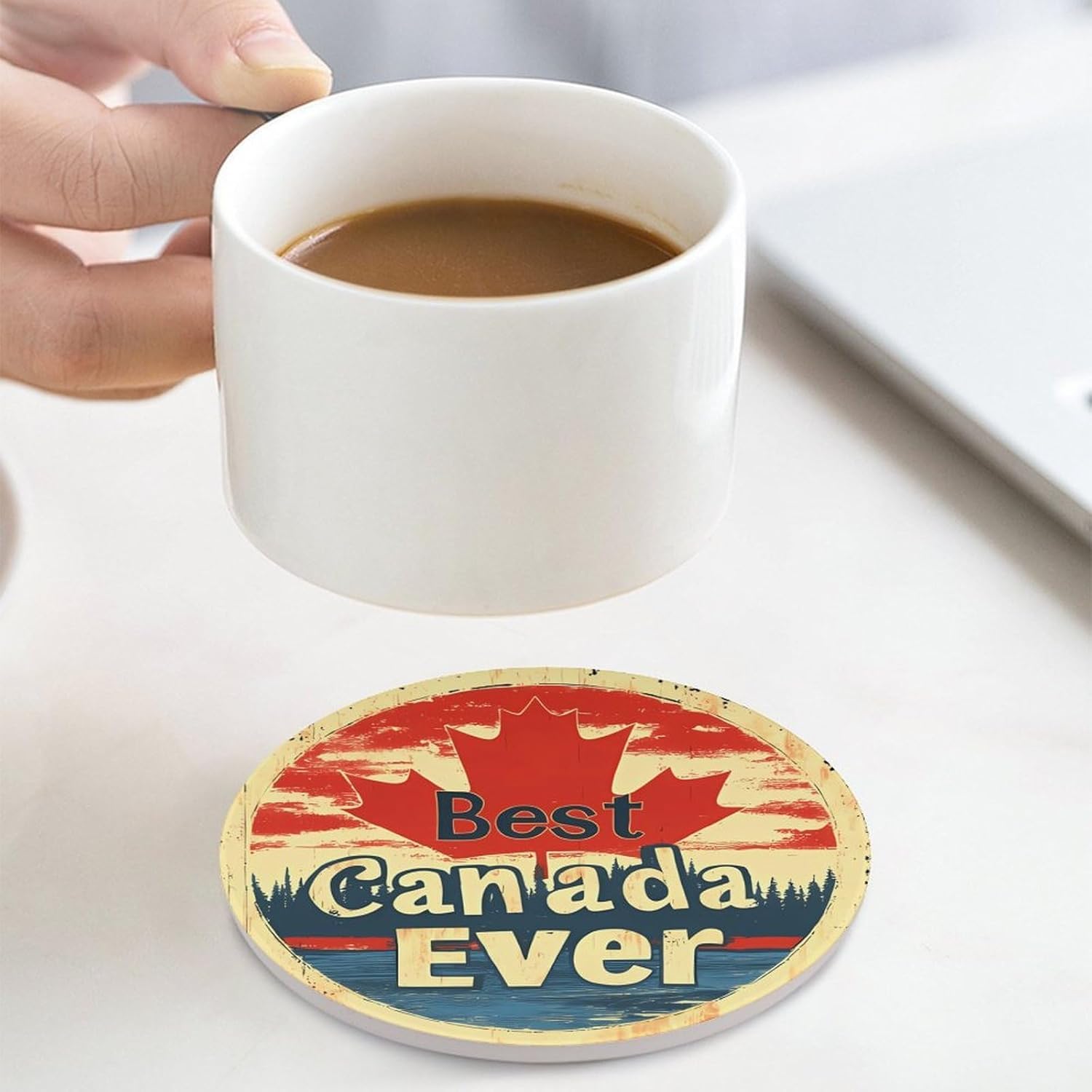 Best Canada Ever Round Ceramic Coasters Print Drinks Absorbent with Cork Base for Home Decor Gifts 4 Inch
