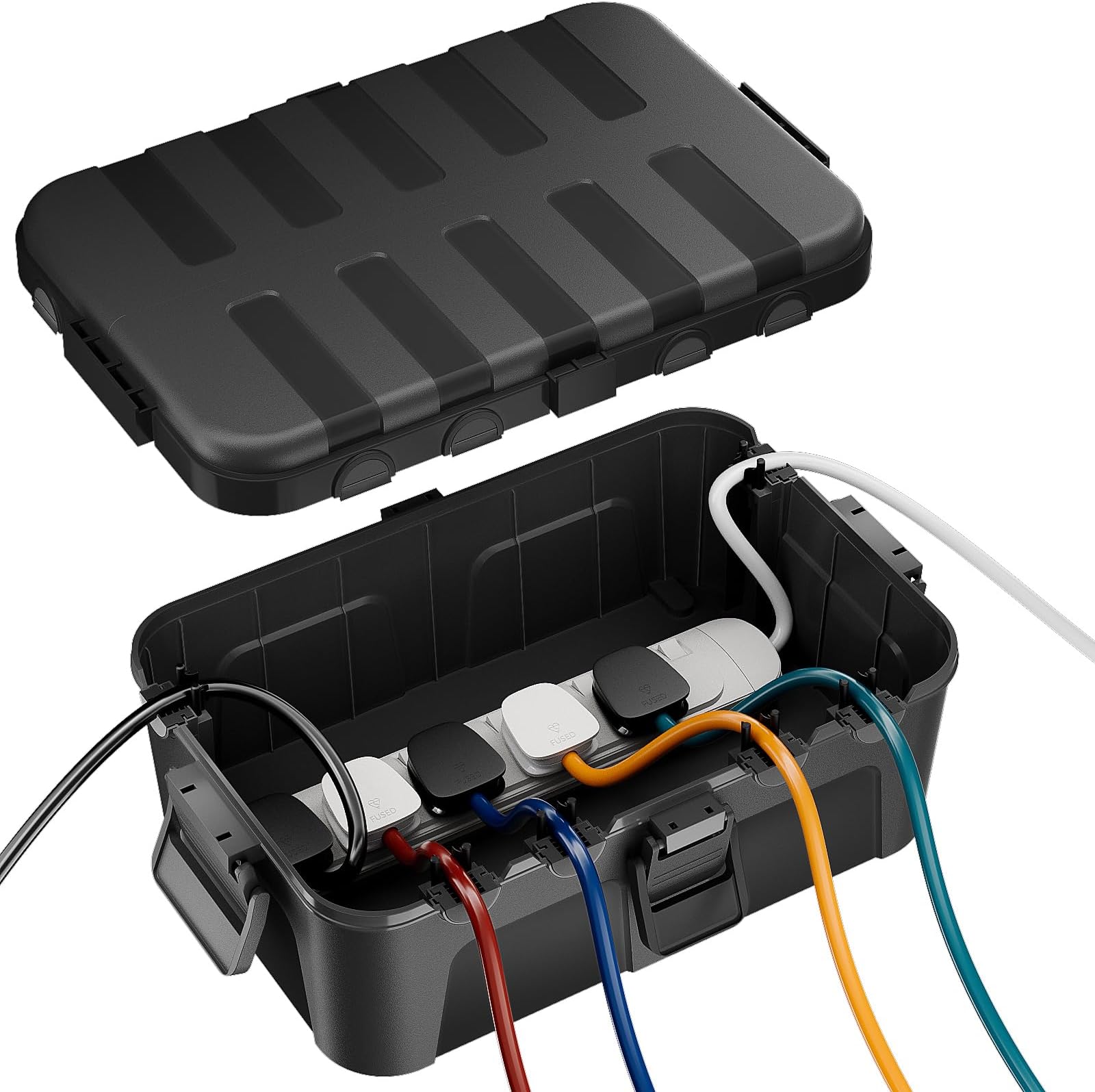 RESTMO Extra Large Weatherproof & Sand Proof Electrical Box, IP54 Outdoor Extension Cord Cover, Protect Outlet, Plug, Socket, Timer, Power Strip, Holiday Light Decoration, 32 x 22 x 13 cm, Black