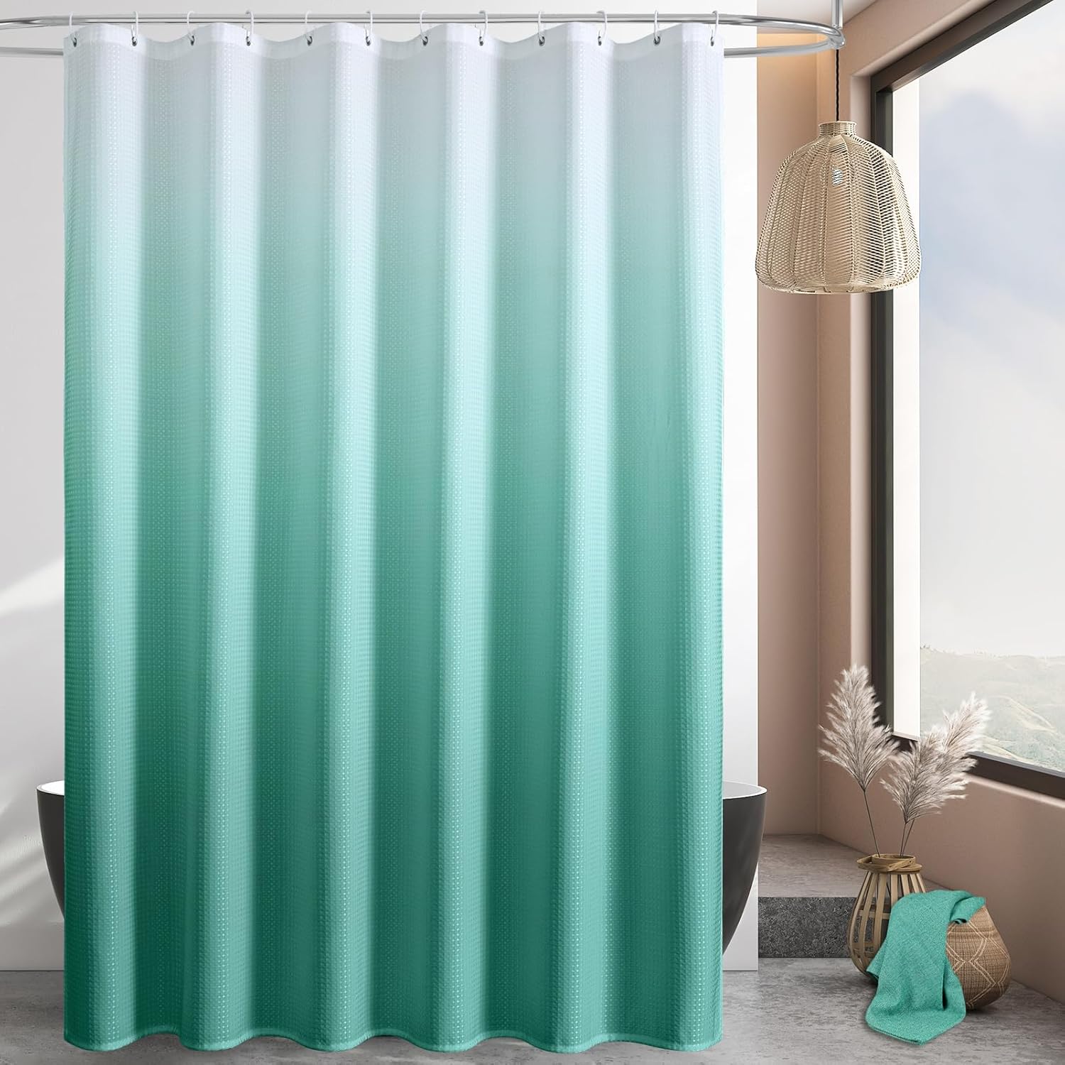 MitoVilla Extra Long Shower Curtain 72 x 84, Teal Blue Ombre 84 inch XL Waffle Fabric Shower Curtains for Modern Luxury Bathroom Decor, Waffle Weave Textured 180GSM Weighted Shower Curtain 84 inch