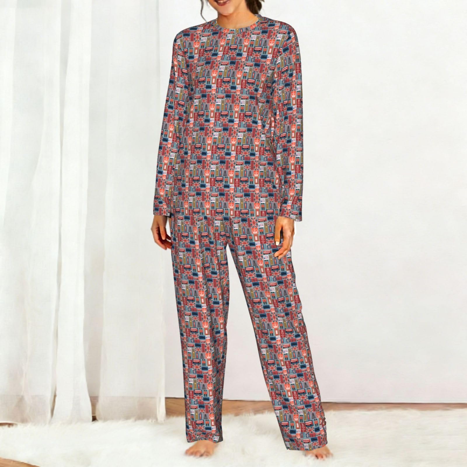 Pigiama da donna a maniche lunghe con stampa di simboli dell'Inghilterra Set morbido elastico coulisse casual Daywear