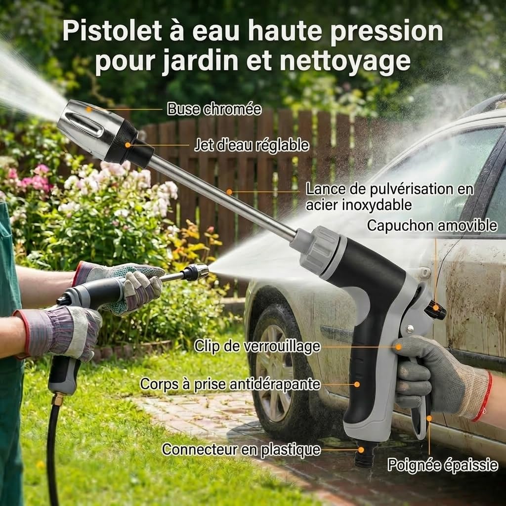 Qinux Aquoxis Nettoyeur Haute Pression, Buse De Nettoyage Pour Tuyau D’Arrosage, Jet Puissant Pour Terrasse, Voiture, Allée, Murs Et Extérieur, Réglable Et Facile À Utiliser