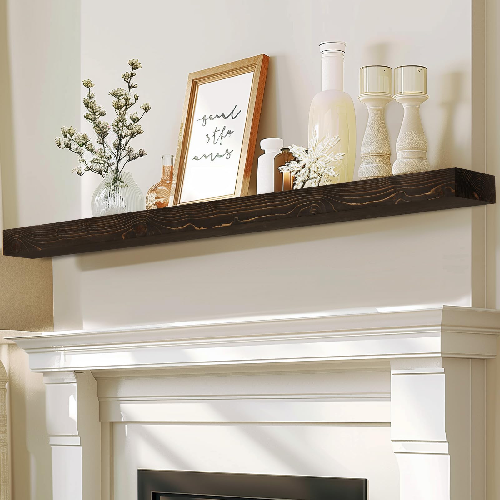 Photo 1 of (READ FULL POST) 72x8x3 Fireplace Mantel - Solid Rustic Wood - Wall Mounted Floating Shelf Weathered Black 72"-soild rustic wood