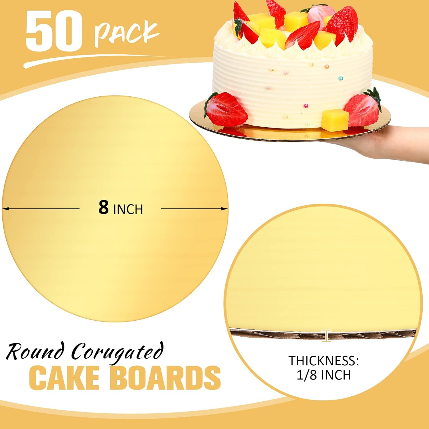 Zopeal 50 Pack 8 Inch Cake Board Gold Round Cake Boards Circle Grease Proof Disposable Base Cardboard for DIY Baking Dessert Pizza Birthday Party (Gold)