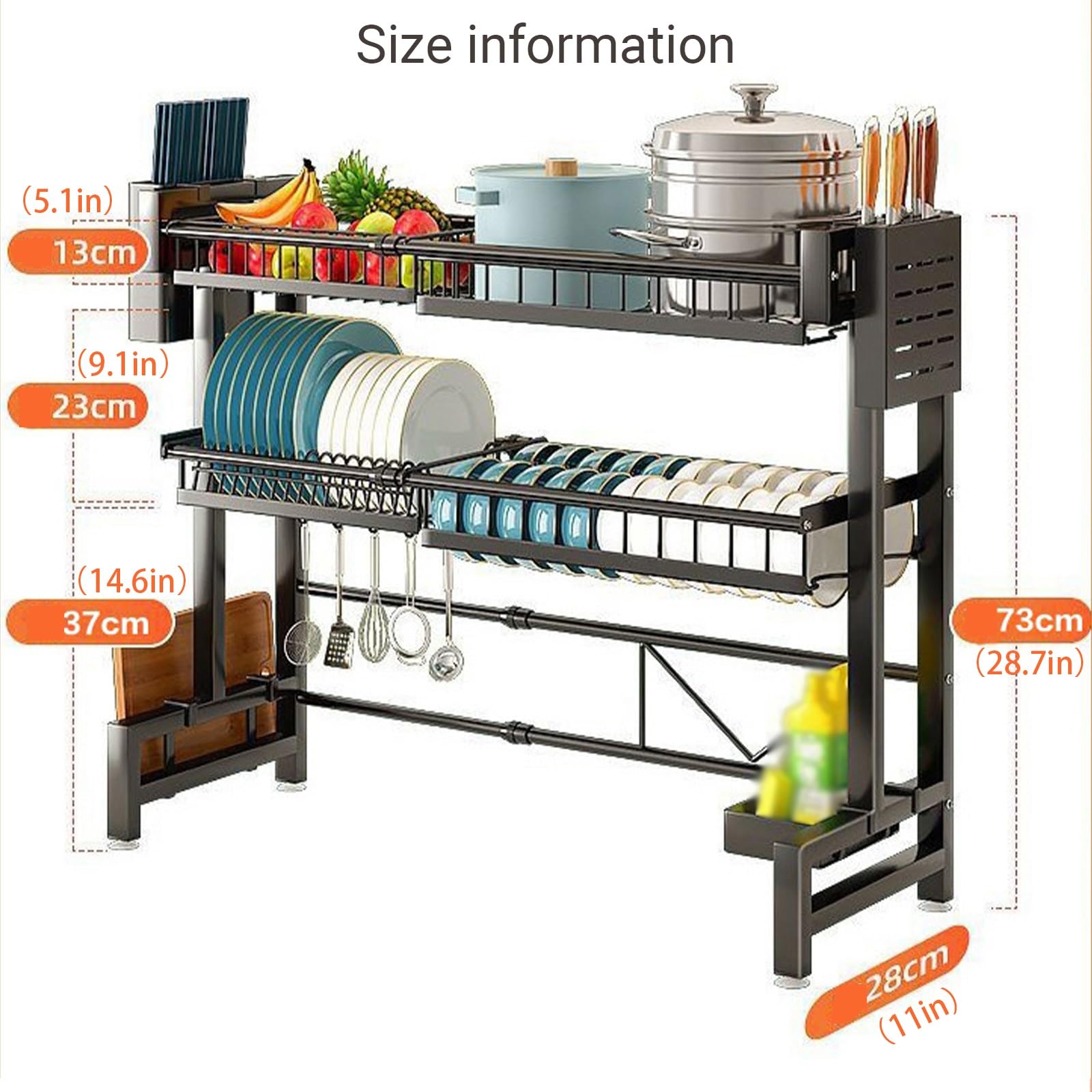Escurridor grande de metal para platos de cocina con cesta de cubiertos, almacenamiento multifuncional de vajilla de 2 niveles, estante para platos para encimera de fregadero