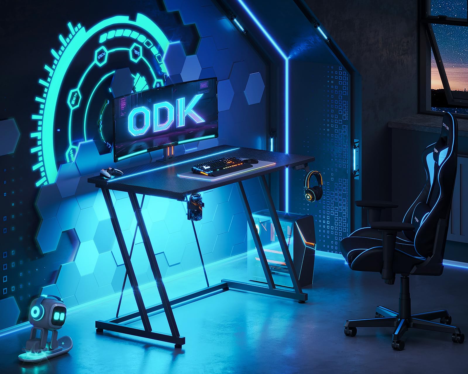 ODK Kleiner Gaming Tisch mit LED, 100×50 cm, Carbon Fiber Schwarz | Gaming Schreibtisch mit Becherhalter und Kopfhörerhaken, Doppel-Z-Rahmen-Design, Platzsparend, für Kleine Räume