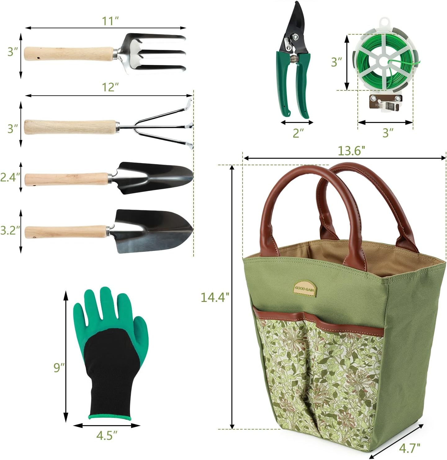Good GAIN Garden Tools Set, 9 Piece Gardening Organizer Kit with Storage Tote Bag, Heavy Duty Planting Tools, Digger Gloves, Binding Wire and Pruner, Great Gift for Women & Men Mothers' Day. Green