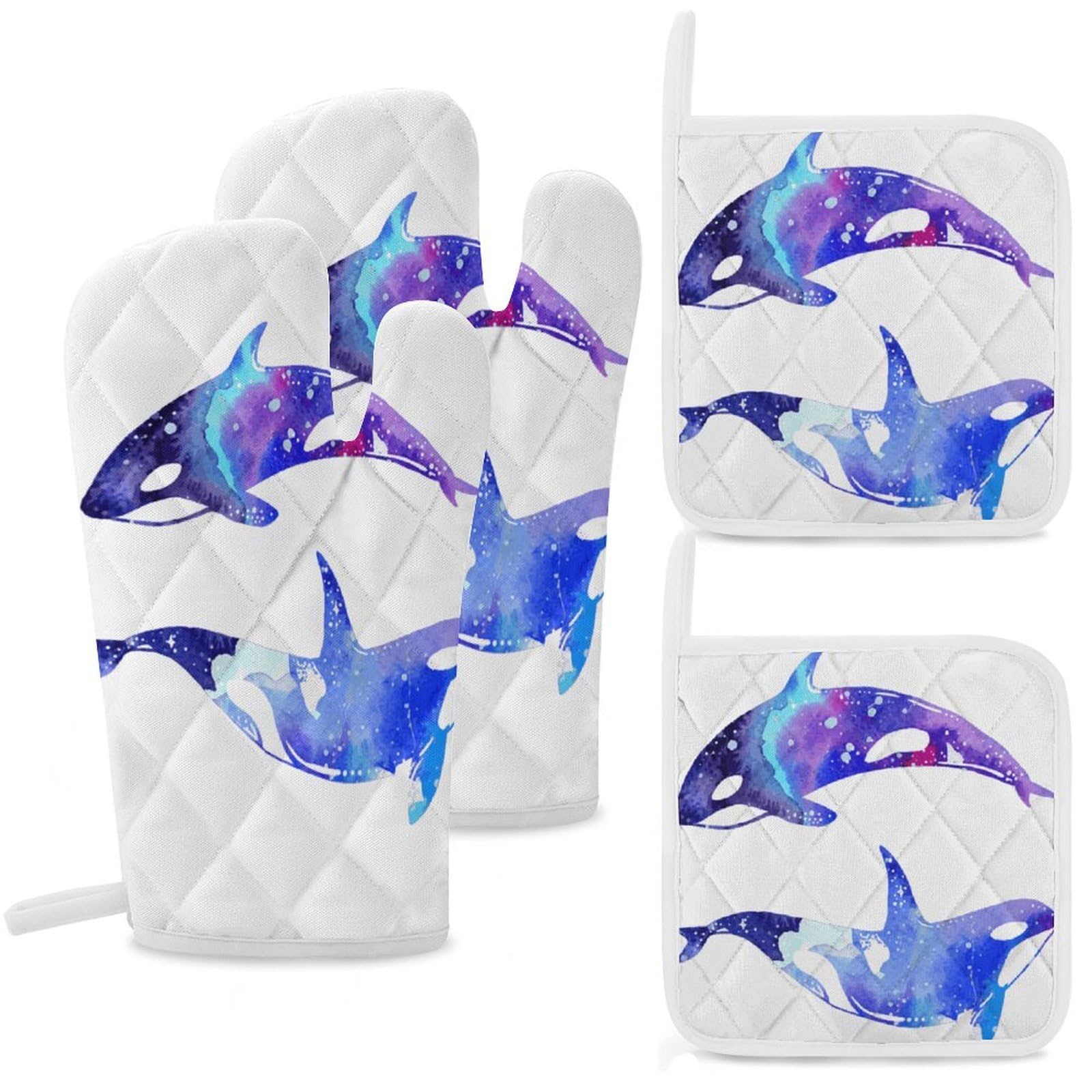 Orca Killer Whale Oven Mitts and Pot Holders Sets Heat Resistant Oven Glove with Hanging Loop for Baking Cooking BBQ Thicken Potholders for Kitchen