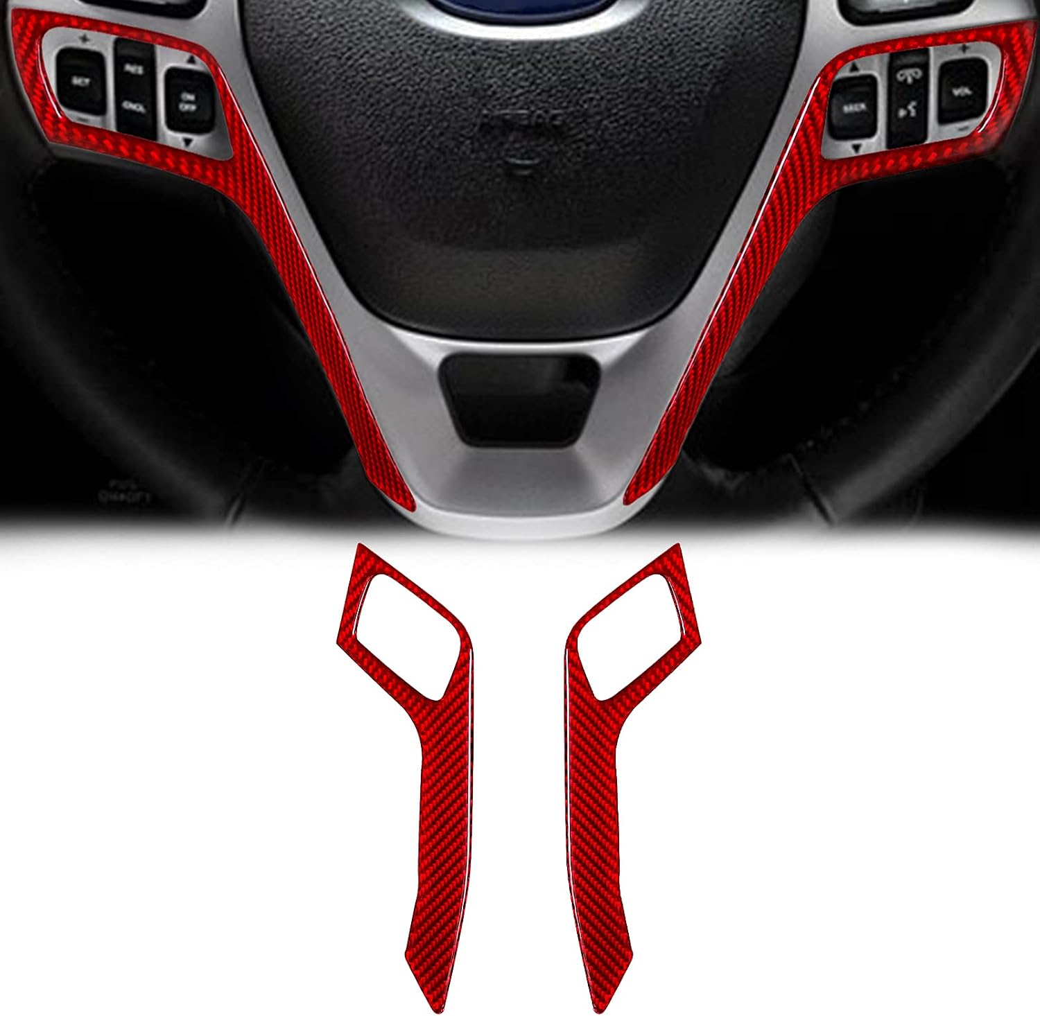 SUNJIKA Compatible with 2PCS Carbon Fiber Center Console Steering Wheel Panel Button Frame Trim Sticker Cover Interior Accessories for Ford Explorer 2013 2014 2015 2016 2017 2018 (Red)