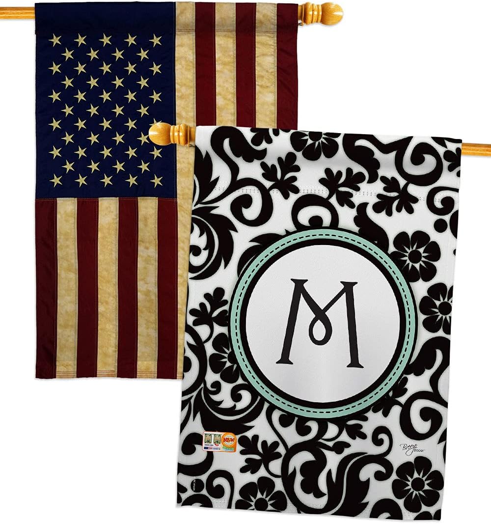 Damask M Initial House Flags Pack Monogram Country Living Simply Beauty Floral Vintage Letter Everday Classic USA Embroidery Small Decorative Gift Yard Banner Made In 28 X 40