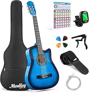 Moukey Akustikgitarre für Anfänger, Kinder, Jugendliche, Erwachsene, Cutaway-Gitarre, Acustica-Kit mit Akkord-Poster, Gigbag, Stimmgerät, Plektren, Nylonsaiten, Kapodaster, Gurt, Blau