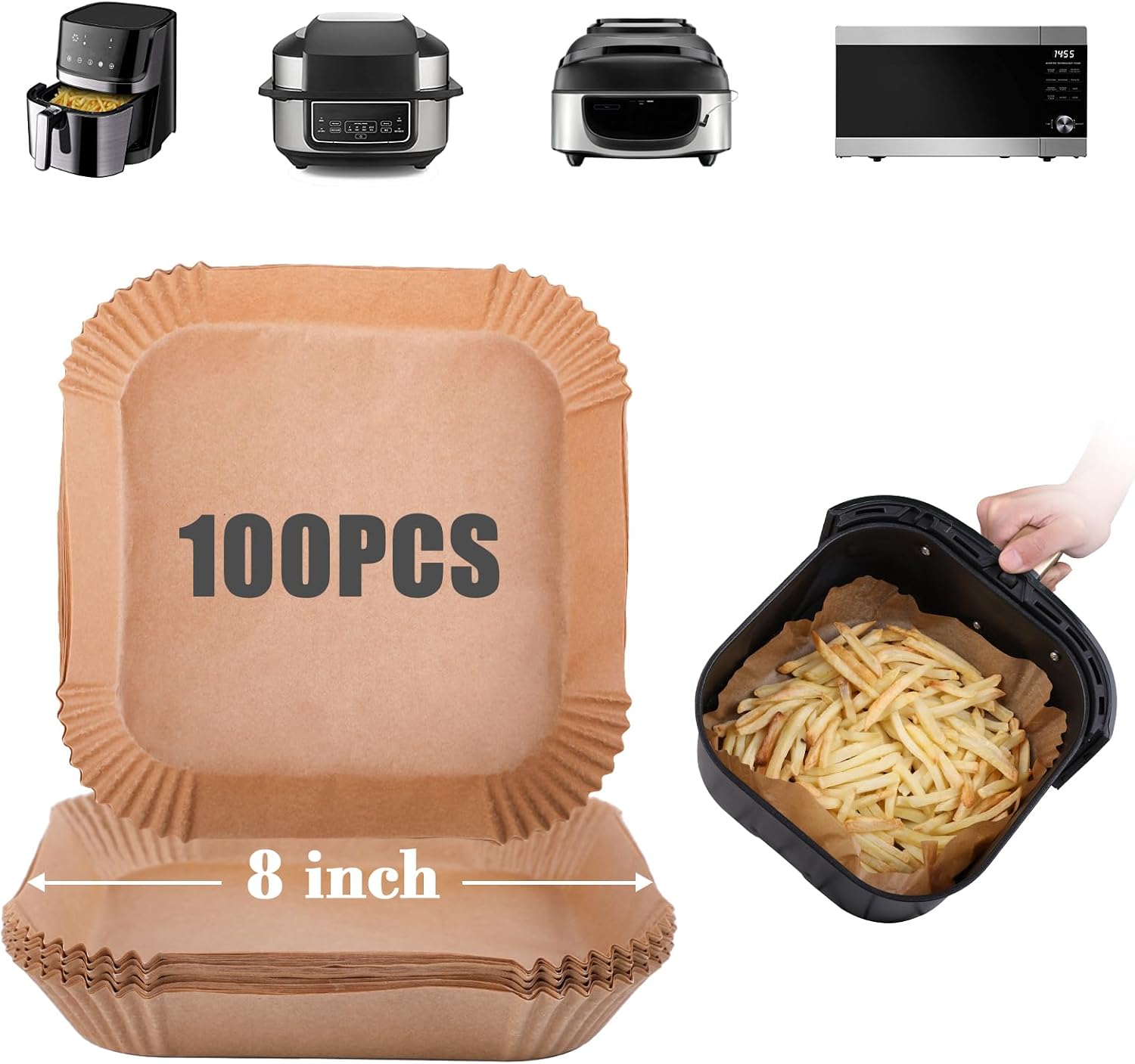 GOAUS Air Fryer 100pcs Square Paper Liners Disposable for 3 to 6 Qt Basket, 8 inch Unbleached Non-stick Oil-proof Parchment Paper