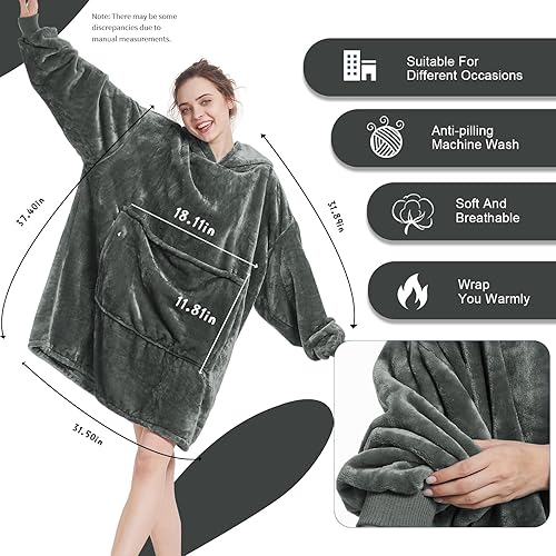 Miniatura 9 de Aemilas Manta con capucha  Cálida sudadera de manta Sherpa como regalo para mujeres adultas, mamá, hombres, talla única, E- Gris OscuroLargo