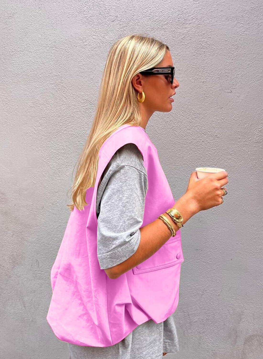 PAODIKUAI Women's Casual Zip Up Vest Cargo Ruched Hem Lightweight Sleeveless Blazer Oversized Jackets Top with Pockets - Image 4